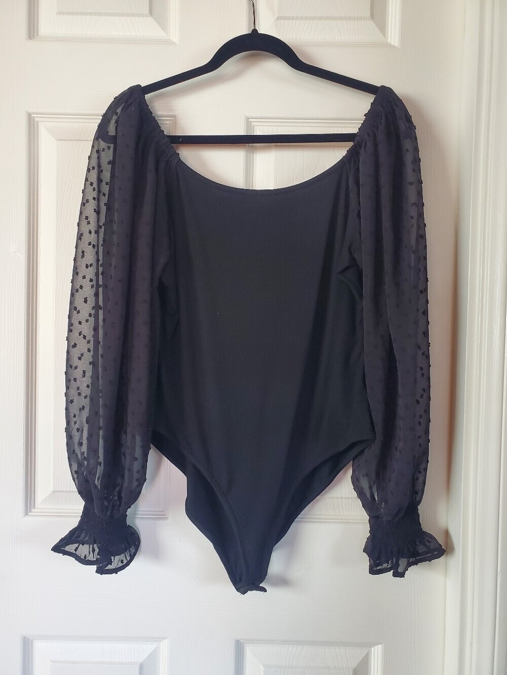 Black Bodysuit Sheer Puff Long Sleeves Polka-dot Square Neck Sexy Romantic Large